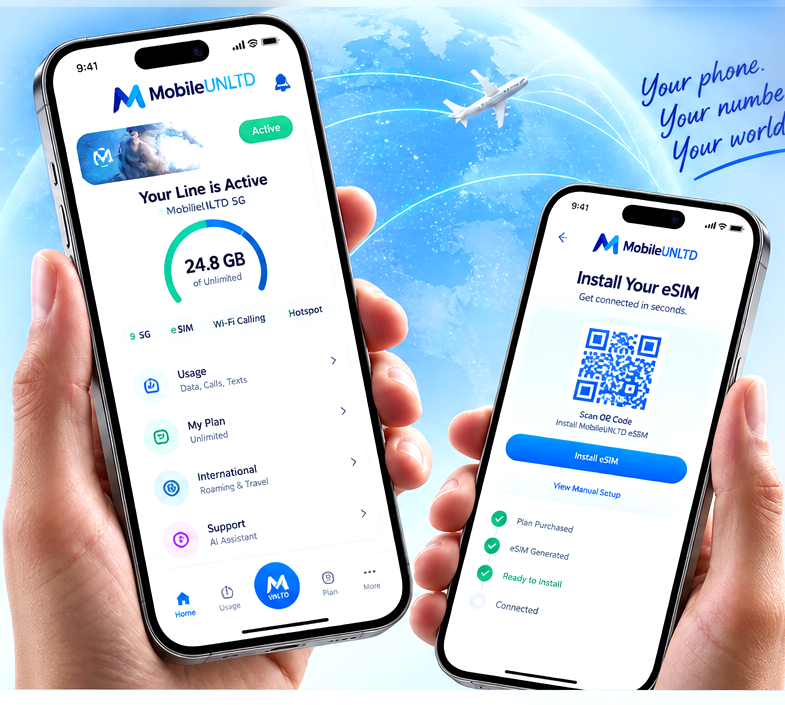 MobileUNLTD mobile service and eSIM activation shown on modern smartphones